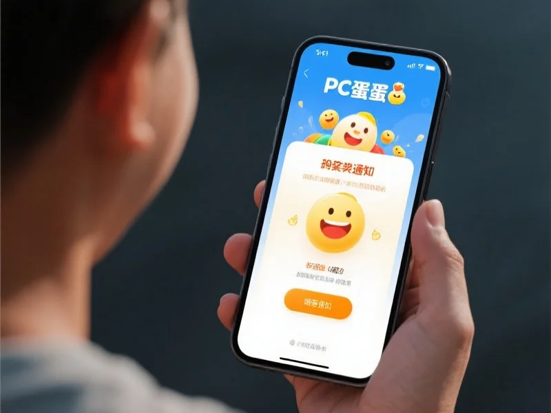 手机屏幕弹出PC蛋蛋开奖通知的界面,用户露出满意的表情