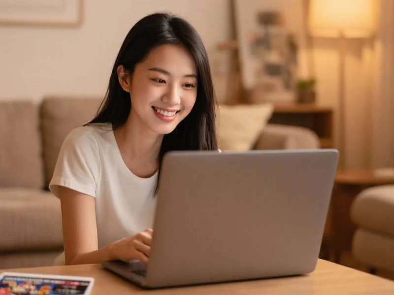 一位年轻女性在温馨的家中用笔记本电脑浏览娱乐网站,神情专注而愉快